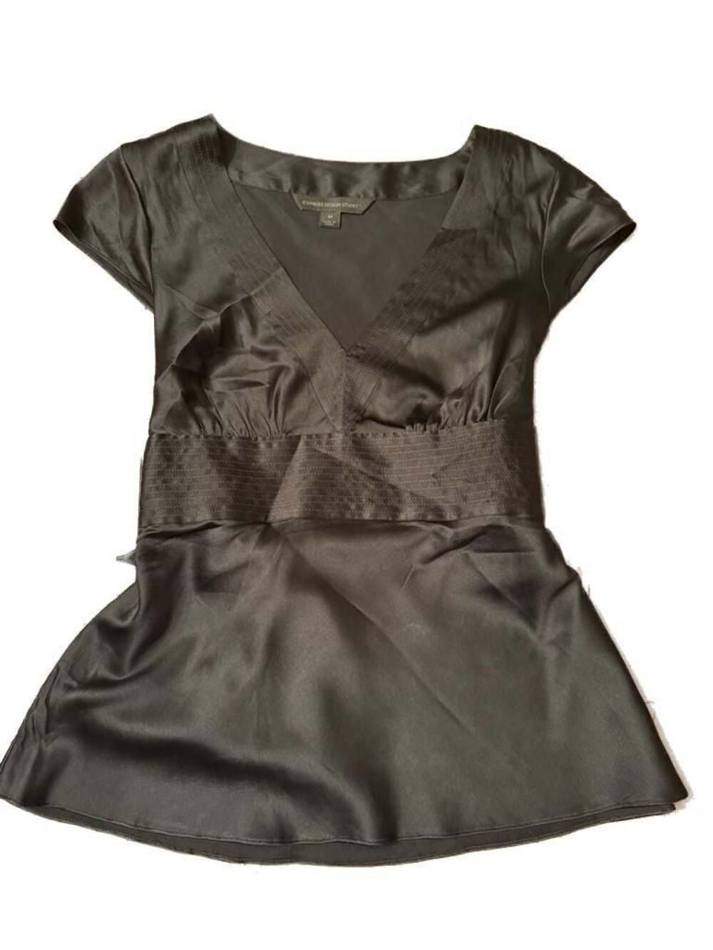 Express Design Studio Women's Black Silk Blend Cap Sleeve V-Neck Blouse with Sas